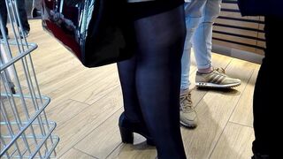 Chubby whore with dark pantyhose and heels shoes