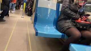Teeny upskirt in african pantyhose waiting subway