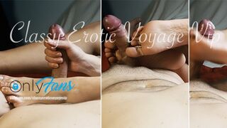 Side Footjob Fingering Anus and Wet Twat Hand-Job on Gigantic Rod and Monstrous Sperm on Feet