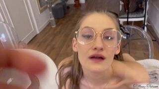 Petite Slut in Glasses Swallowing and Ride Schlong in the Kitchen with CREAM-PIE