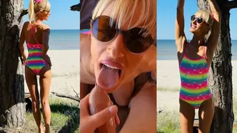 Blonde homemade babe gets slammed and deepthroats in front of the perfect beach view | Saliva Bunny