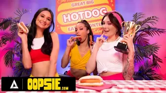 OOPSIE - Eating Contest Turns LESBO STRAP-ON THREESOME! Eliza Ibarra, Alexis Tae, & Charlotte Sins