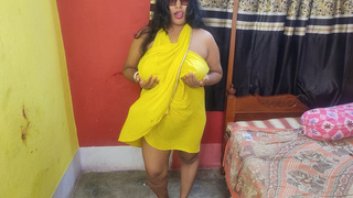 Cute Bengali Bhabi fucking with Cucumber in her bedroom in yellow dress