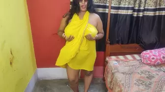 Cute Bengali Bhabi fucking with Cucumber in her bedroom in yellow dress