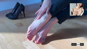 An elegant office chick with pretty feet cannot hide her true horny self any more