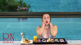 Regina Noir. Boobs teasing at swimming pool. Nudist hotel. Nudism outdoors.