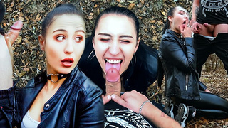 Outdoor Bj and Facefuck with a Huge Cum-Shot for Ponytail Brunette in Leather Suite