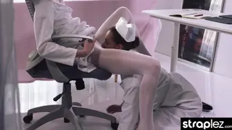 Alluring bizarre nurse mounts her colleague with a squirting dildo
