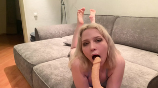 Cute Blonde Bitch Masturbating with a Dildo on My Bed