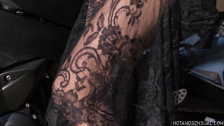 Charming lace dress porn star turned into leather biker slut with large hard nipples