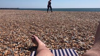 CFNM and SPH on beach. Naked guy with clothed passers by.