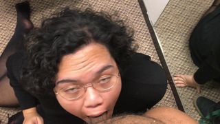 Asian girlfriend sucks boyfriend black cock in dressing room