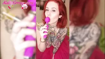 Sweet Babe in Pink Skirt Play Pink Vibrator and Sucks Lollip