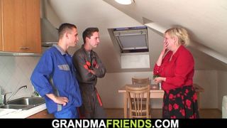 Old grandmother spreads legs for two men